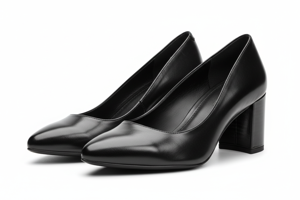 Women's Classic Black Leather Pumps - Block Heel